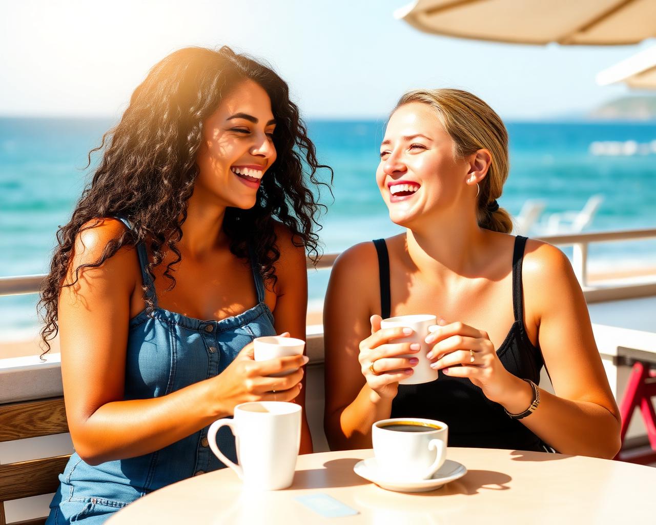Two friends laughing over coffee at a seaside cafe