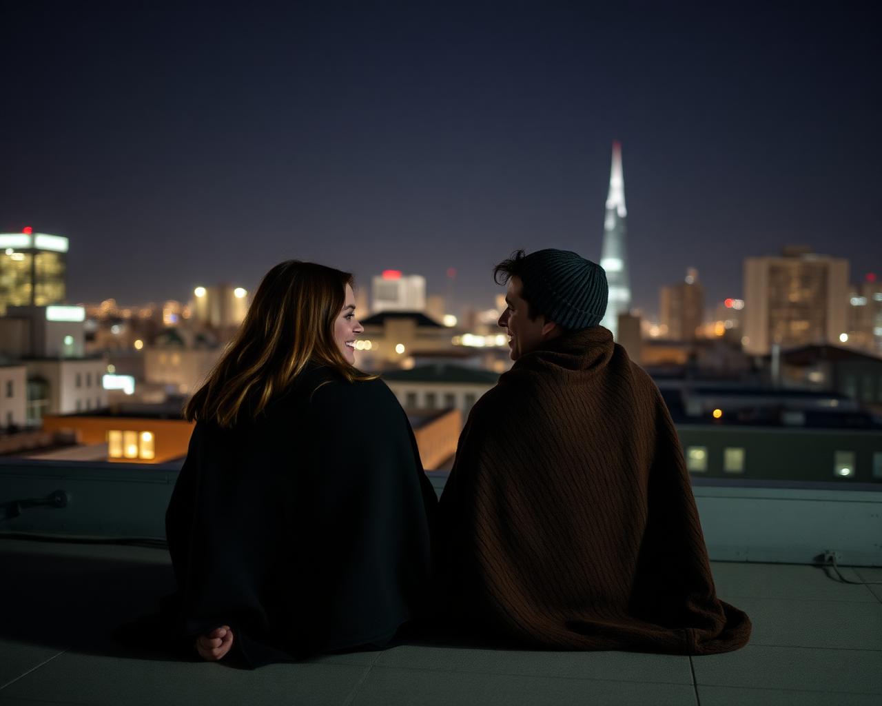 Two friends talking on a rooftop above city lights at night