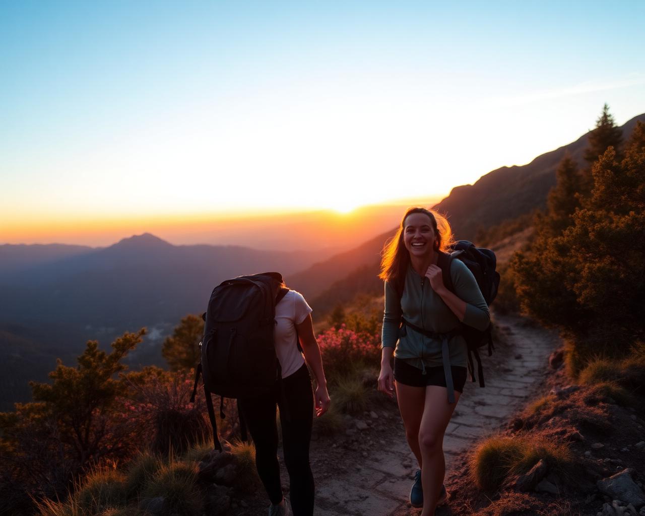 Two friends walking a mountain trail at sunset